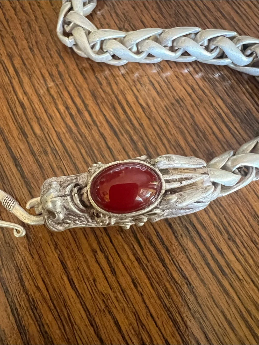 Braided Tibetan Silver Dragon Necklace with Carnelian Cabochons